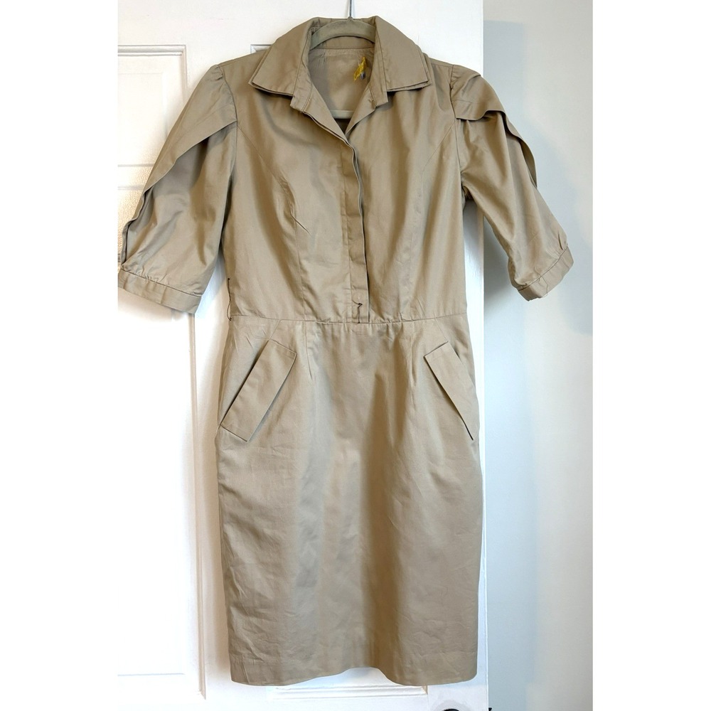 Flores & Flores Khaki Cotton Puff Sleeve Midi Dress Tan Size 4